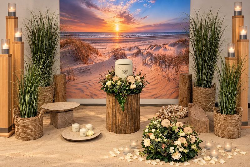 Trauerfeier mit Urne vor einem Dünenbild im Abendlicht, gestaltet mit Kerzen, Gräsern und weißen Blumen.